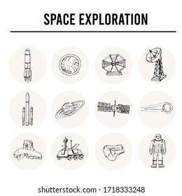 Space exploration isolated hand drawn doodles Vector set
