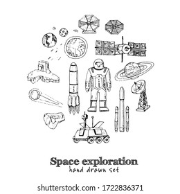 Exploración espacial Doodles aislados dibujados a mano Conjunto de vectores