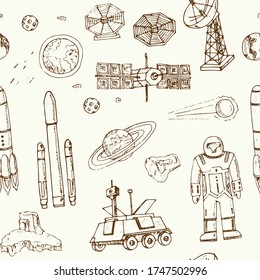 Space exploration isolated hand drawn doodles Vector pattern