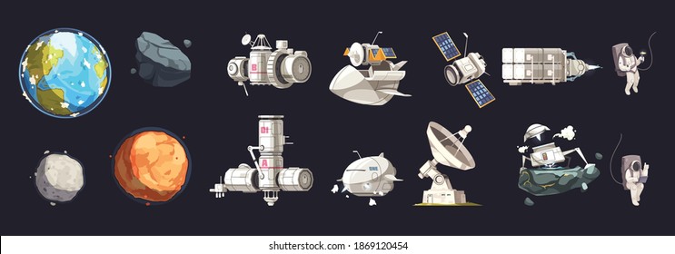 Space exploration isolated set of ships planets of solar system cosmonauts in spacesuits in outer cosmos isolated icons set vector illustration