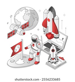 Space exploration - isometric black and red line illustration