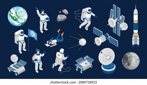 Space exploration isometric color set with spaceship startup and equipment for scientific research vector illustration