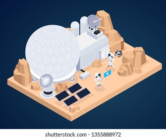 Space exploration isometric composition with piece of extraterrestrial terrain and man made buildings with astronaut characters vector illustration
