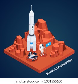 Space exploration isometric composition with piece of martian terrain with rocket astronaut and rover with text vector illustration