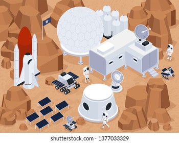 Space exploration isometric composition with view of extraterrestrial terrain and base with buildings and solar batteries vector illustration