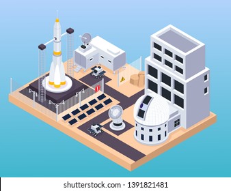 Space exploration isometric composition with view of training centre with buildings launch pad and moving rovers vector illustration