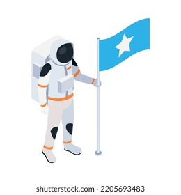 Icono isométrico de exploración espacial con astronauta en espacio con ilustración vectorial 3d de bandera