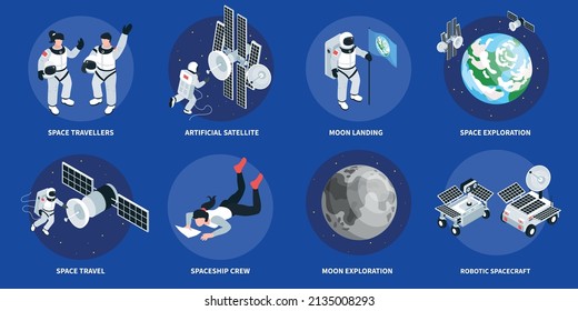 Space exploration isometric round compositions demonstrated space travellers moon landing artificial satellite and robotic spacecraft isolated vector illustration
