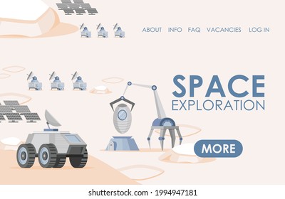 Space exploration landing page template with text space. Solar panels, rovers, and scientific research vehicles vector flat illustration. Planet colonization mission website concept.