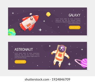 Space Exploration Landing Page Templates Set, Galaxy, Astronaut Web Page Interface Cartoon Vector Illustration