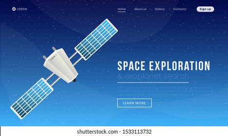 Space exploration landing page vector template. Modern science, cosmology website homepage interface idea with flat illustration. Exoplanet search expedition web banner, webpage cartoon concept