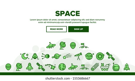 Space Exploration Landing Web Page Header Banner Template Vector. Outer Space, Extraterrestrial Life. Solar System, Moon Surface Research, Satellites, Telescopes, Spaceships Illustration