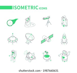 Space exploration - line colorful isometric icons set on white background. Galaxy, astronomy idea. Meteorite, telescope, shuttle, ufo, rocket, satellite dish, astronaut, robot futuristic images