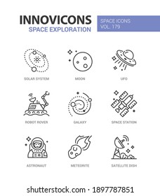 Space exploration - line design style icons set. Galaxy, astronomy and cosmic flight idea. Images of solar system, moon, ufo, robot rover, galaxy, space station, astronaut, meteorite, satellite dish