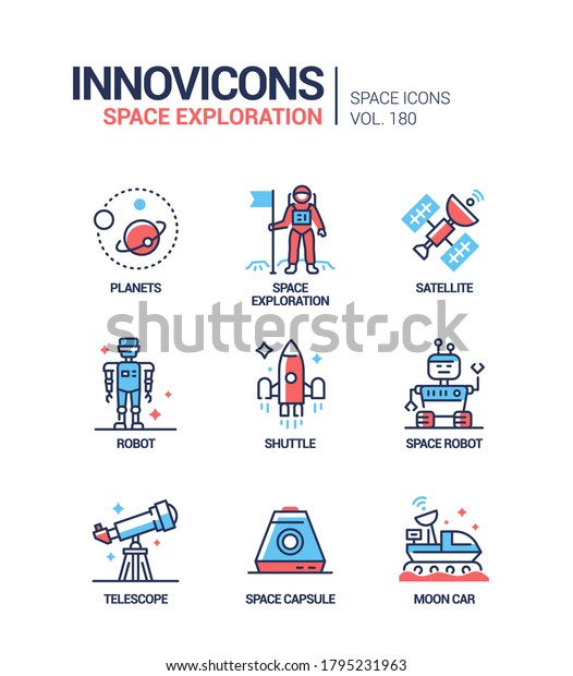 Space\
exploration - line design style icons set. Galaxy, astronomy and\
futuristic technologies idea. A collection with planets, satellite,\
robot, shuttle, telescope, capsule, moon car\
images