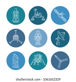 Space exploration line icon set in blue circles. Science and astronomy concept.