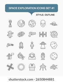 Space Exploration Line Icons Set – Vector Outline Symbols of Astronauts, Rockets, Planets, and Space Equipment