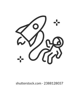 Space exploration, linear icon. An astronaut and a rocket. Line with editable stroke