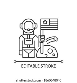 Space exploration linear icon. Human spaceflight. Investigation. Universe beyond Earth atmosphere.Thin line customizable illustration. Contour symbol. Vector isolated outline drawing. Editable stroke