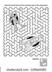 Space exploration maze game and coloring page: Help the astronaut find the shortest path to the spaceship. Answer included.

