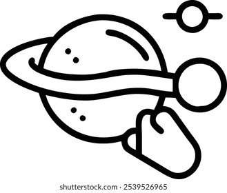 Space exploration, minimalist line drawing, planet with rings, satellite, retro sci-fi style, black and white illustration, simple geometric shapes, cosmic discovery, astronomical icon, childlike wond