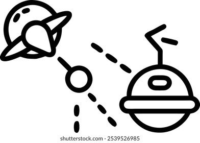 Exploración espacial, dibujo de líneas minimalista, planeta con anillos, satelital, estilo retro de ciencia ficción, ilustración en blanco y negro, Formas geométricas simples, descubrimiento cósmico, ícono astronómico, herida infantil