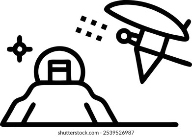 Space exploration, minimalist line drawing, planet with rings, satellite, retro sci-fi style, black and white illustration, simple geometric shapes, cosmic discovery, astronomical icon, childlike wond