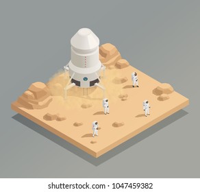 Space exploration mission isometric composition with spacecraft crew astronauts in spacesuits on other planet surface vector illustration 