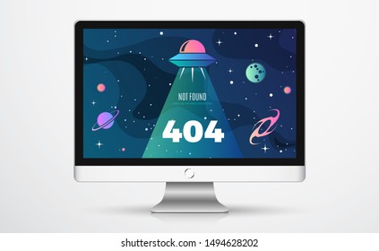 Space exploration modern background design with an alien ship in cosmos and Error 404, page not found text. Cute gradient template for website page, vector illustration on a computer Screen