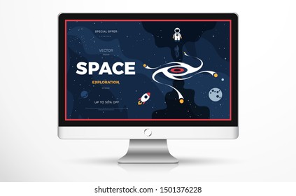 Space exploration modern background design with a Black Hole and Galaxy in cosmos. Cute dark template for website page, vector illustration on a computer Screen