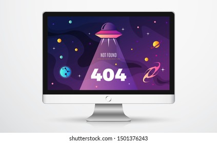 Space exploration modern background design with an alien ship in cosmos and Error 404, page not found text. Cute gradient template for website page, vector illustration on a computer Screen