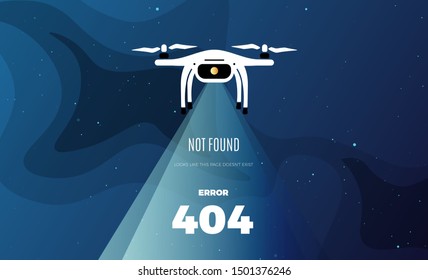 Space exploration modern background design with a drone in blue sky. Cute gradient template with Error 404, Page not found text for poster, banner or website page