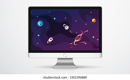 Space exploration modern background design with a Galaxy, Astronaut, Rocket, Moon, Planets and Stars in cosmos. Cute pink color template for website page or banner vector illustration