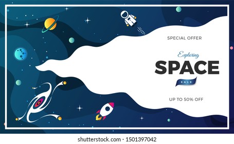Space exploration modern background design with a Galaxy, Astronaut, Rocket, Moon, Planets and Stars in cosmos. Cute blue color template for website page or banner vector illustration
