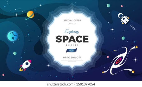 Space exploration modern background design with a Galaxy, Astronaut, Rocket, Moon, Planets and Stars in cosmos. Cute blue color template for website page or banner vector illustration