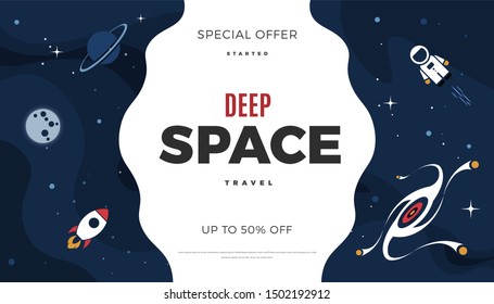 Space exploration modern background design with a Galaxy, Astronaut, Rocket, Moon, Planets and Stars in cosmos. Cute blue color vintage template for website page or retro banner vector illustration