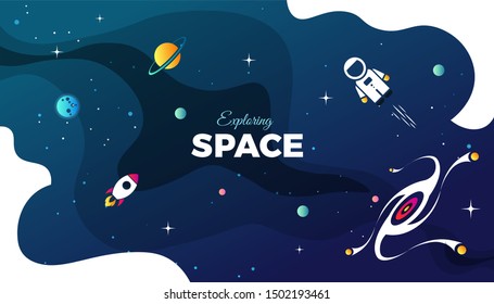 Space exploration modern background design with a Galaxy, Astronaut, Rocket, Moon, Planets and Stars in cosmos. Cute blue color template for website page or banner vector illustration