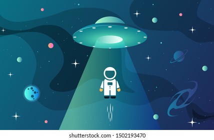 Space exploration modern background design with an alien ship in cosmos and flying Astronaut. Cute gradient template with Spaceship, Moon and Stars for poster, banner or website page