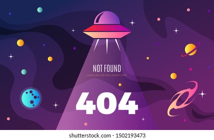 Space exploration modern background design with an alien ship in cosmos and Error 404, page not found text. Cute gradient template with Spaceship, Moon and Stars for poster, banner or website page