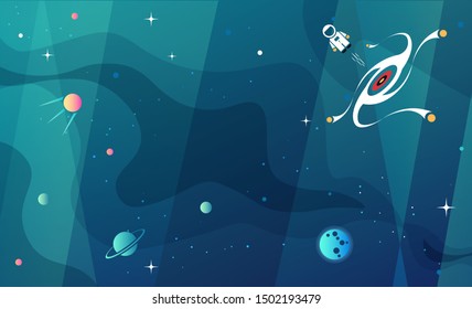 Space exploration modern background design with a Black Hole and Galaxy in cosmos. Cute time travel quantum physics template vector scientific illustration with a portal to another dimension