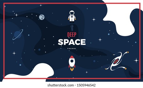 Space exploration modern background design with a Galaxy, Astronaut, Rocket, Moon, Planets and Stars in cosmos. Cute blue color vintage template for website page or retro banner vector illustration