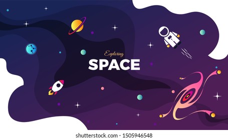 Space exploration modern background design with a Galaxy, Astronaut, Rocket, Moon, Planets and Stars in cosmos. Cute pink color template for website page or banner vector illustration