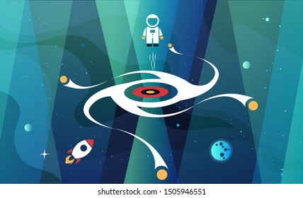 Space exploration modern background design with a Black Hole and Galaxy in cosmos. Cute time travel quantum physics template vector scientific illustration with a portal to another dimension