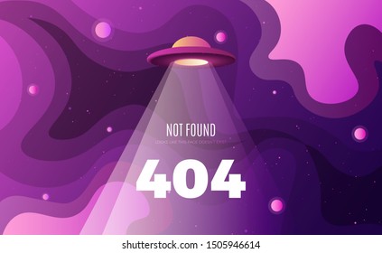 Space exploration modern background design with an alien ship in cosmos and Error 404, page not found text. Cute gradient template with Spaceship, Moon and Stars for poster, banner or website page