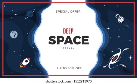 Space exploration modern background design with a Galaxy, Astronaut, Rocket, Moon, Planets and Stars in cosmos. Cute blue color vintage template for website page or retro banner vector illustration