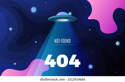 Space exploration modern background design with an alien ship in cosmos and Error 404, page not found text. Cute gradient template with Spaceship, Moon and Stars for poster, banner or website page