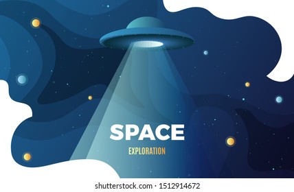 Space exploration modern background design with an alien ship in cosmos. Cute gradient template with Spaceship and Stars for poster, banner or website page