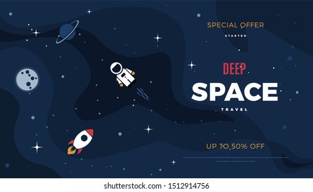 Space exploration modern background design with a Galaxy, Astronaut, Rocket, Moon, Planets and Stars in cosmos. Cute blue color vintage template for website page or retro banner vector illustration