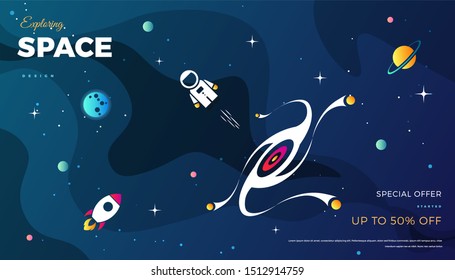 Space exploration modern background design with a Galaxy, Astronaut, Rocket, Moon, Planets and Stars in cosmos. Cute blue color template for website page or banner vector illustration
