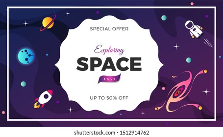 Space exploration modern background design with a Galaxy, Astronaut, Rocket, Moon, Planets and Stars in cosmos. Cute pink color template for website page or banner vector illustration